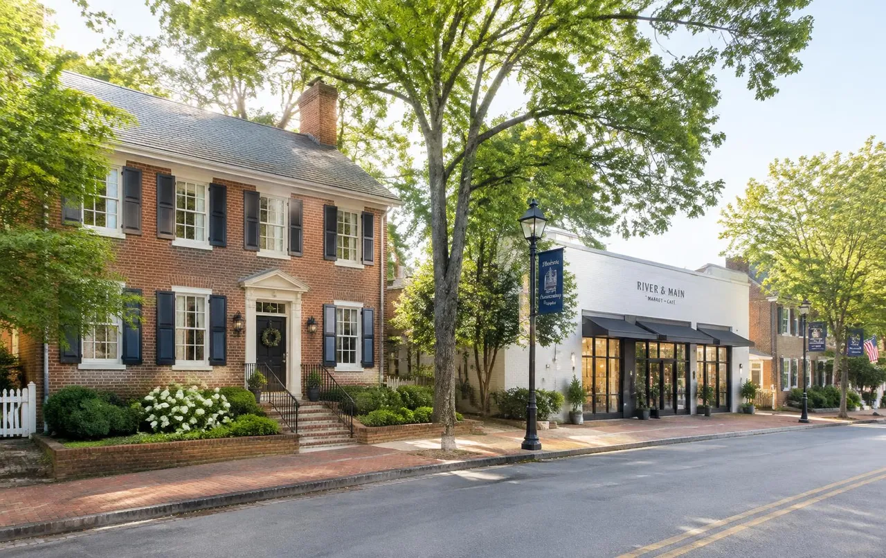 Brick colonial home and commercial storefront on a tree-lined Fredericksburg street